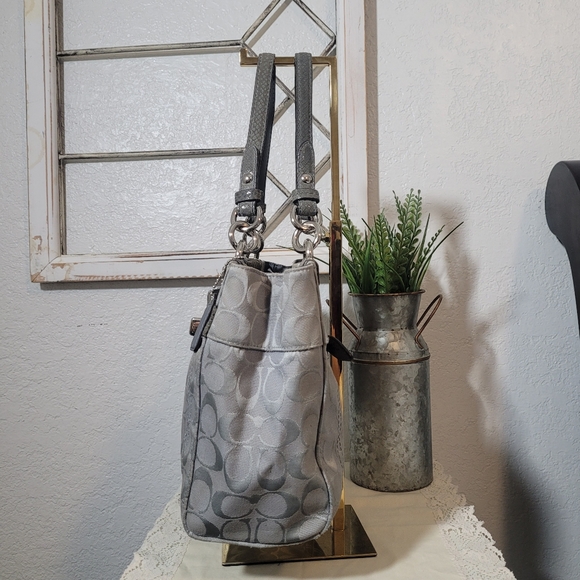 Coach Penelope Grey Signature Logo Carryall Canvas Bag with Embossed Snakeskin - Picture 4 of 14